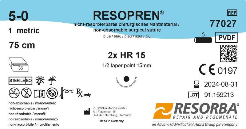 Резопрен USP 4-0 синій, довжина 90 см, дві колючі голки 22 мм, 1/2 кола